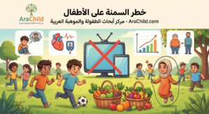 رسم توضيحي يبرز خطر السمنة على الأطفال، يعرض أطفالاً يمارسون أنشطة رياضية في الهواء الطلق بجوار سلال طعام صحي، مع رموز تحذيرية للمخاطر الصحية والنفسية للسمنة، وإشارة للحد من استخدام الشاشات، من مدونة AraChild.