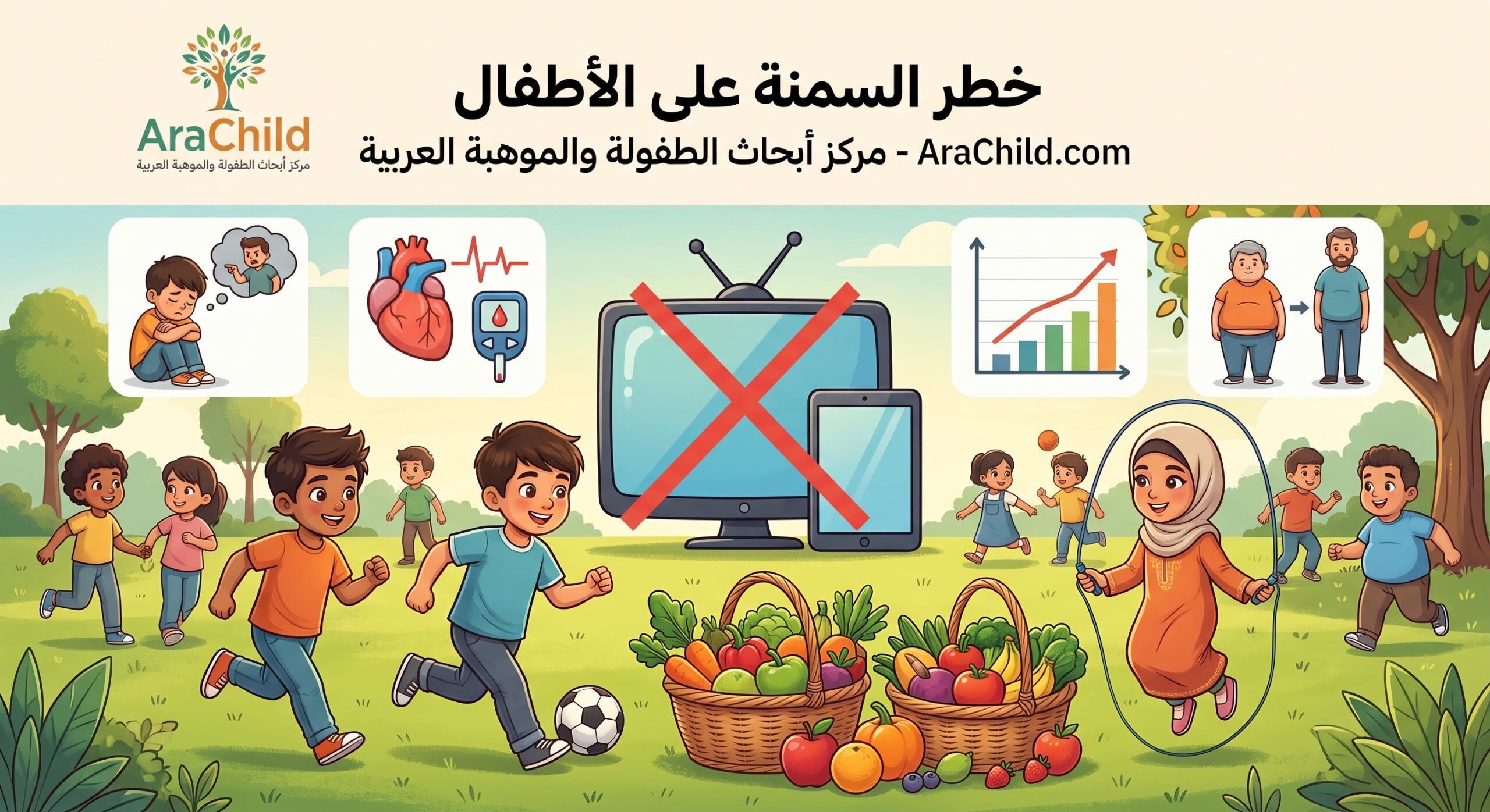 رسم توضيحي يبرز خطر السمنة على الأطفال، يعرض أطفالاً يمارسون أنشطة رياضية في الهواء الطلق بجوار سلال طعام صحي، مع رموز تحذيرية للمخاطر الصحية والنفسية للسمنة، وإشارة للحد من استخدام الشاشات، من مدونة AraChild.